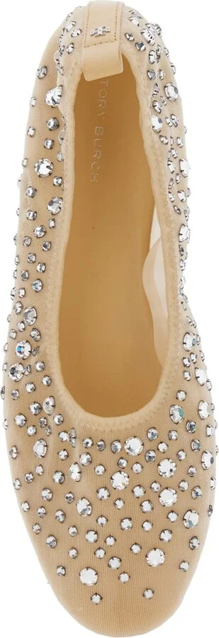 Beige Ballet Flats With All-over Crystals Application In Tech Fabric Woman - Image 4