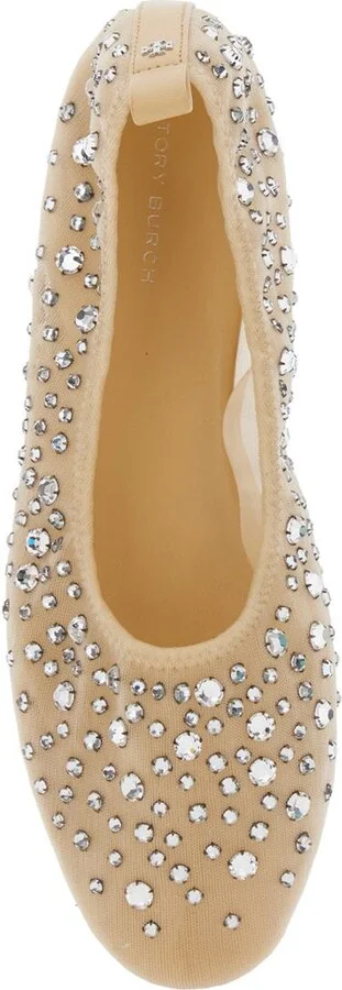 Beige Ballet Flats With All-Over Crystals Application In Tech Fabric Woman - Image 4