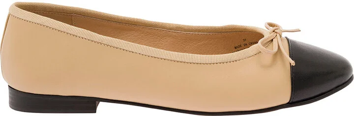 Beige Ballet Flats With Contrasting Toe And Bow In Leather Woman