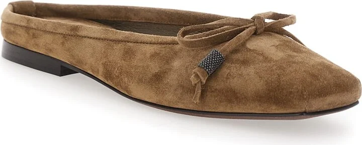 Beige Ballet Shoes With Square Toe And Bow With Monil Detail In Leather Woman - Image 2