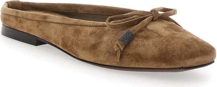 Beige Ballet Shoes With Square Toe And Bow With Monil Detail In Leather Woman - Image 2