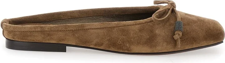 Beige Ballet Shoes With Square Toe And Bow With Monil Detail In Leather Woman