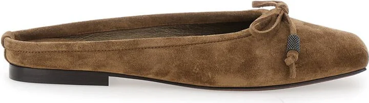 Beige Ballet Shoes With Square Toe And Bow With Monil Detail In Leather Woman