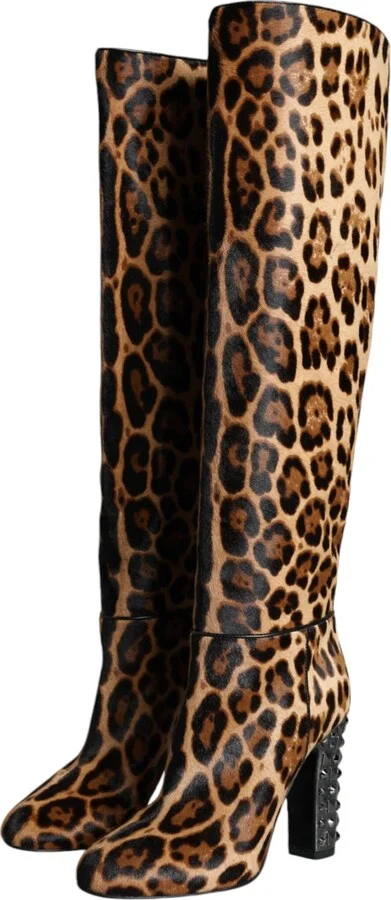 Beige Black Leopard Knee High Boots Women's Shoes - Image 3
