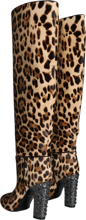 Beige Black Leopard Knee High Boots Women's Shoes - Image 4