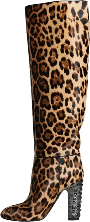 Beige Black Leopard Knee High Boots Women's Shoes - Image 5