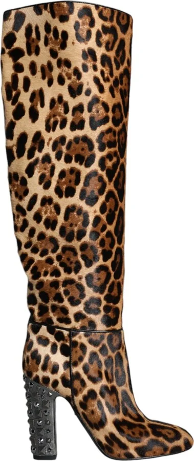 Beige Black Leopard Knee High Boots Women's Shoes