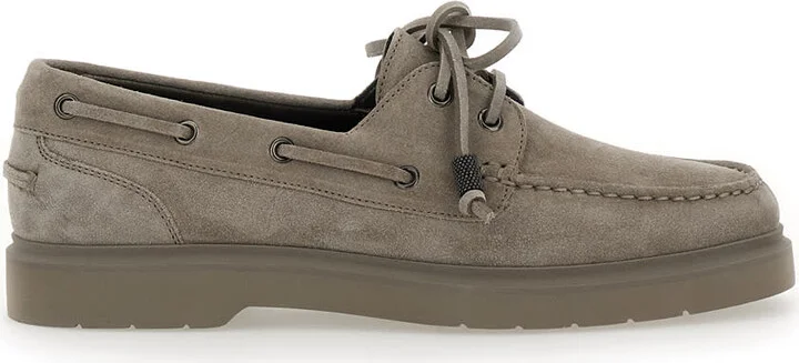 Beige Boat Loafers With Jewelry Details In Suede Women