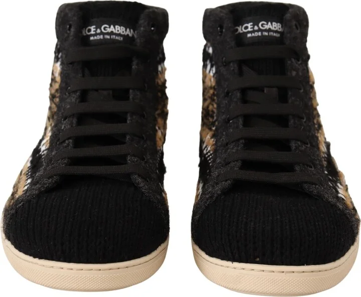 Beige Brown Wool Cotton High Top Men's Sneakers - Image 4