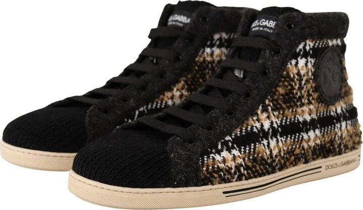 Beige Brown Wool Cotton High Top Men's Sneakers - Image 5