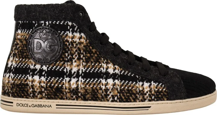 Beige Brown Wool Cotton High Top Men's Sneakers