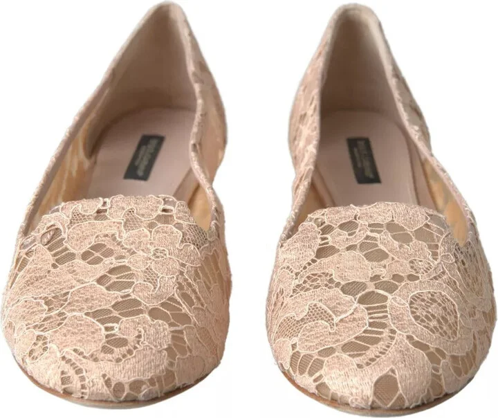 Beige Floral Lace Loafers Flats Women's Shoes (Pre-Owned) - Image 2
