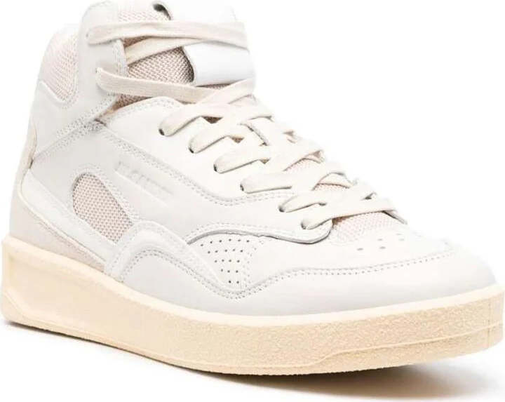 Beige High-Top Sneakers With Leather Inserts And Embossed Logo In Canvas Woman - Image 2