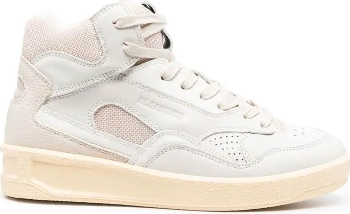 Beige High-Top Sneakers With Leather Inserts And Embossed Logo In Canvas Woman