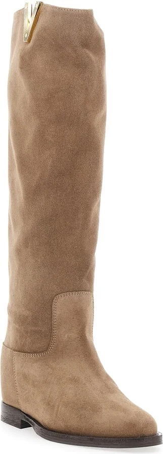 Beige Knee-high Boots With Cut-out On The Side And Logo Plaque In Suede Woman - Image 2