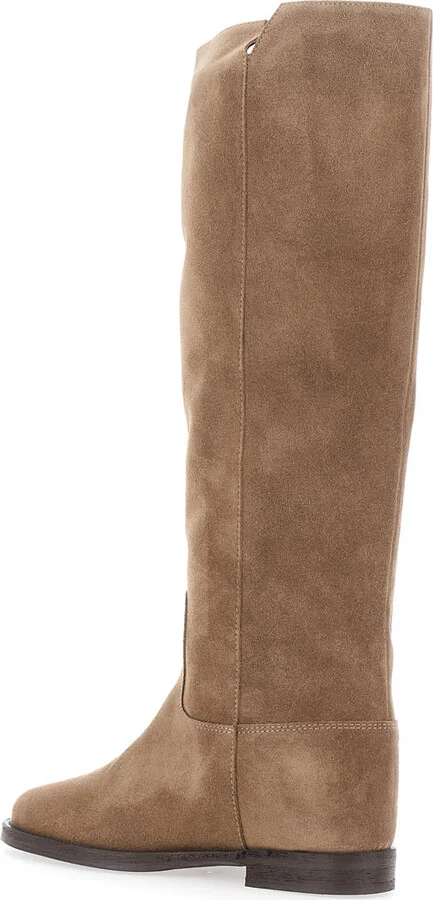 Beige Knee-high Boots With Cut-out On The Side And Logo Plaque In Suede Woman - Image 3