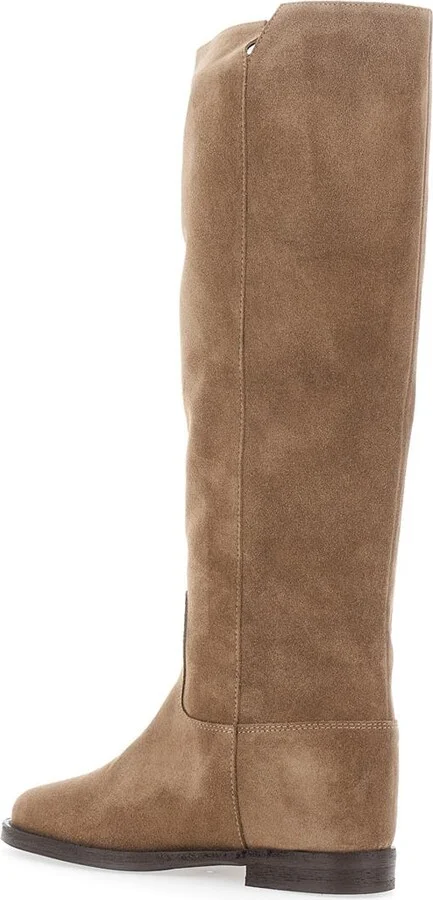 Beige Knee-High Boots With Cut-Out On The Side And Logo Plaque In Suede Woman - Image 3