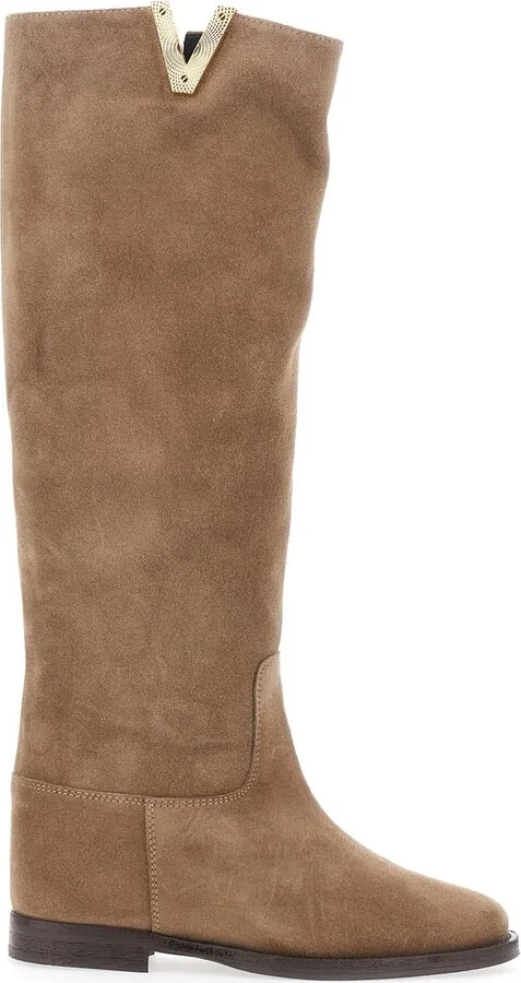 Beige Knee-high Boots With Cut-out On The Side And Logo Plaque In Suede Woman
