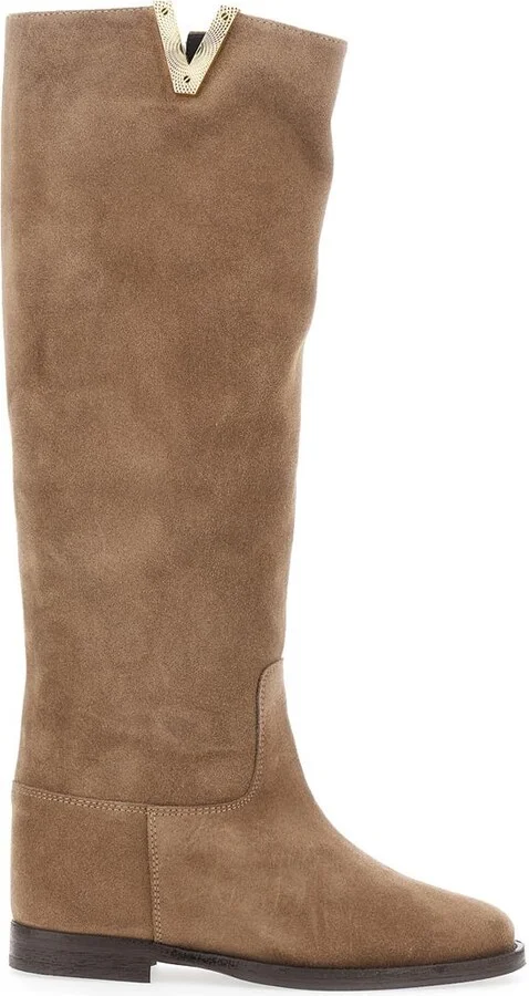 Beige Knee-High Boots With Cut-Out On The Side And Logo Plaque In Suede Woman