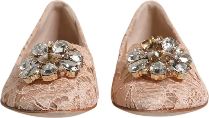 Beige Lace Crystal Ballet Flats Loafers Women's Shoes (Pre-Owned) - Image 2