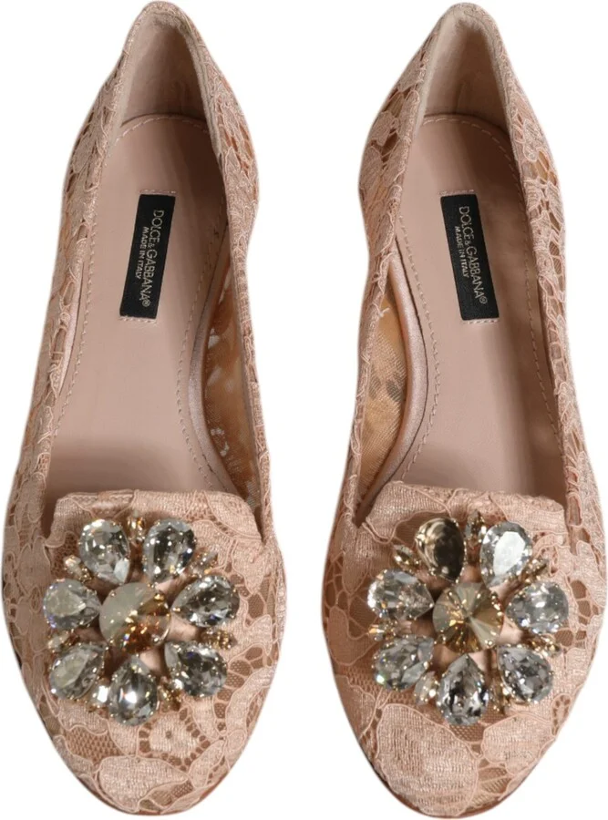 Beige Lace Crystal Ballet Flats Loafers Women's Shoes (Pre-Owned) - Image 3