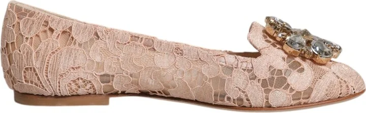 Beige Lace Crystal Ballet Flats Loafers Women's Shoes (Pre-Owned)