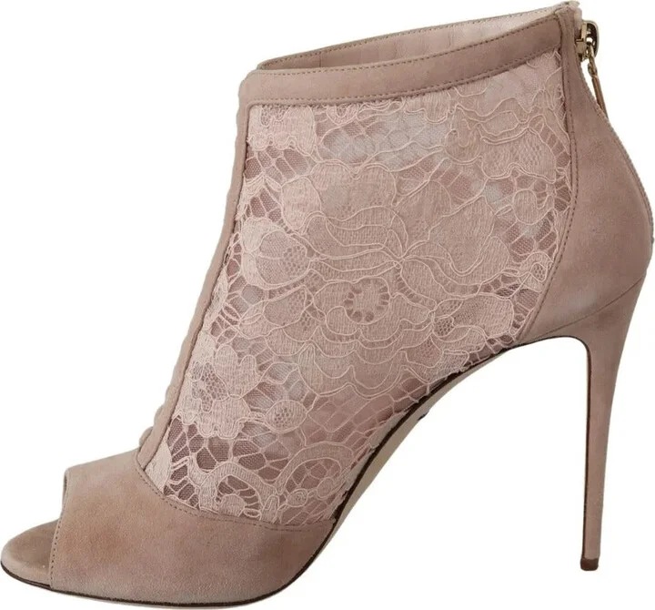 Beige Lace Suede Peep Toe Ankle Boots Women's Shoes (Pre-Owned) - Image 3