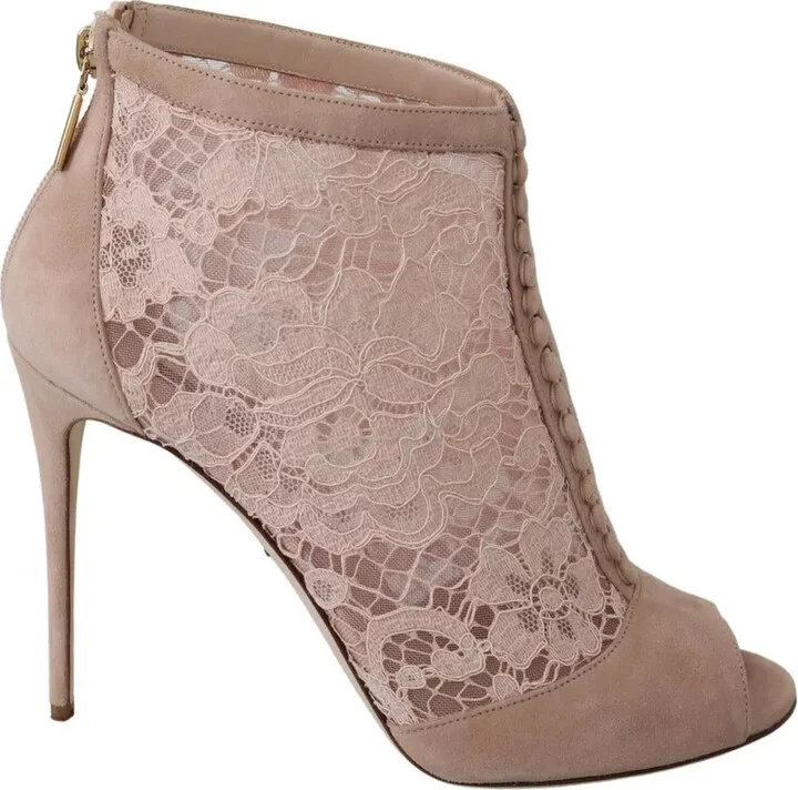Beige Lace Suede Peep Toe Ankle Boots Women's Shoes (Pre-Owned)