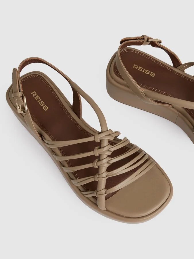 Beige Leather Knot Strappy Platform Sandals - Image 4