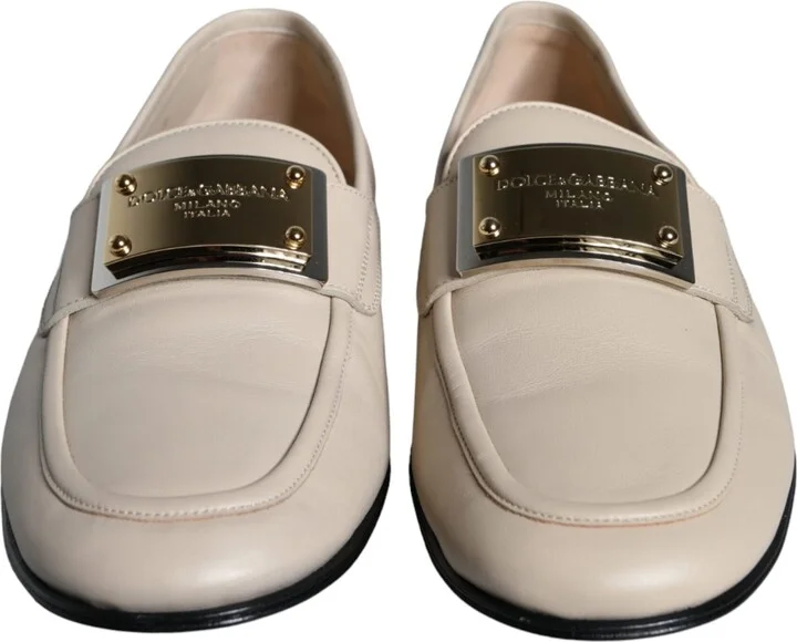 Beige Leather Logo Plaque Slip On Men Loafers Men's Shoes - Image 2