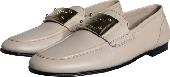 Beige Leather Logo Plaque Slip On Men Loafers Men's Shoes - Image 4