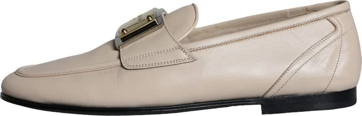 Beige Leather Logo Plaque Slip On Men Loafers Men's Shoes - Image 5