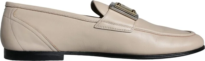 Beige Leather Logo Plaque Slip On Men Loafers Men's Shoes