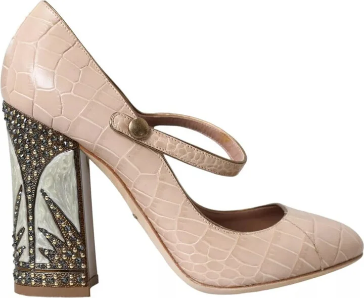 Beige Leather Mary Janes Embellished Women's Shoes (Pre-Owned)