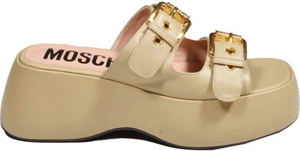 Beige Leather Platform Buckles Sandals