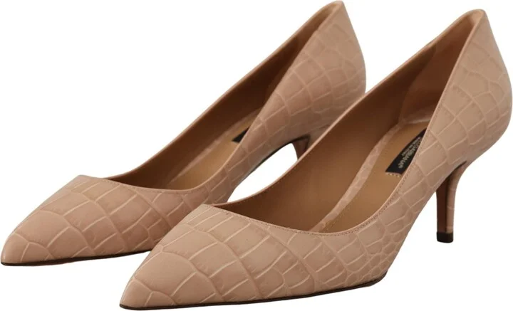 Beige Leather Pointed Heels Pumps Women's Shoes - Image 2