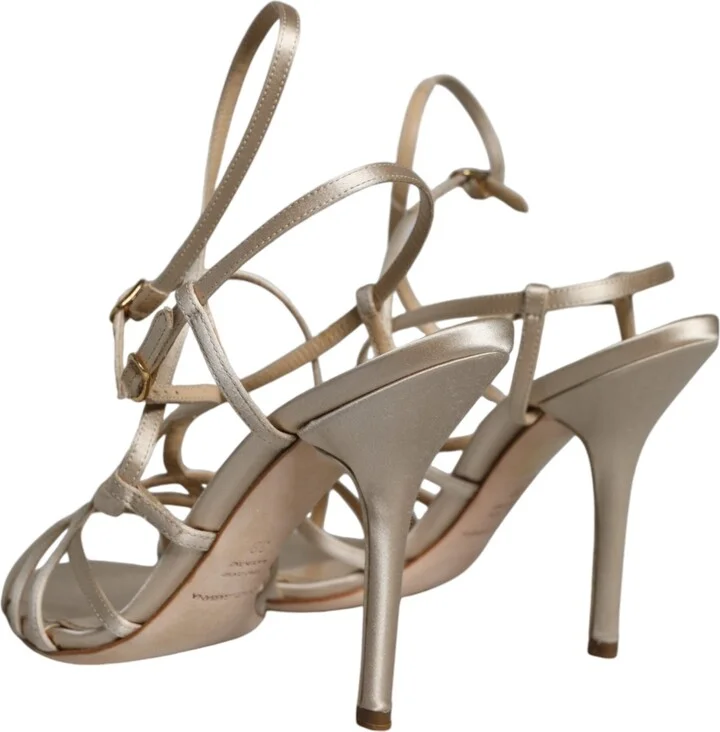 Beige Leather Stiletto Heels Sandals Women's Shoes - Image 4