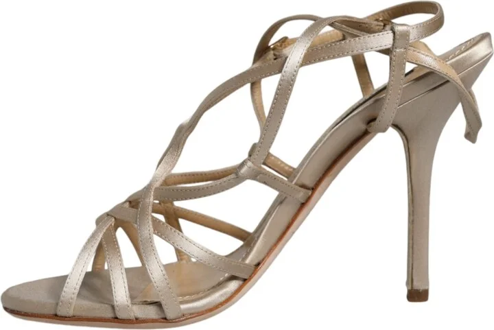 Beige Leather Stiletto Heels Sandals Women's Shoes - Image 5