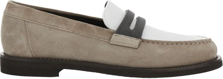 Beige Loafers With Monile Detail And Chain In Suede Woman