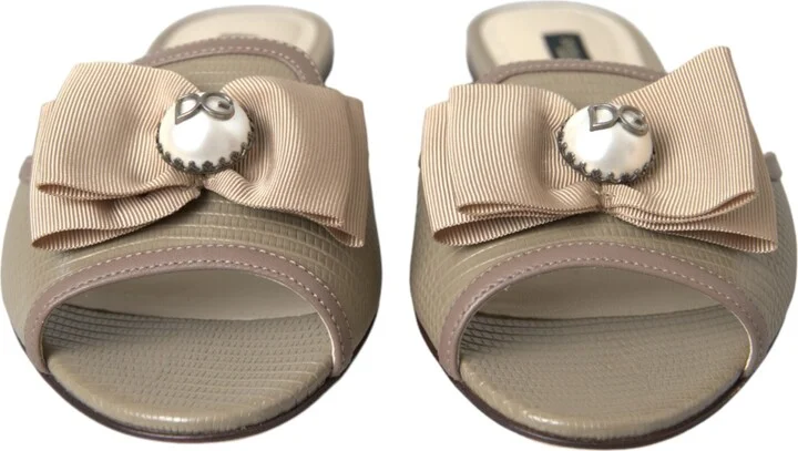 Beige Logo Pearl Flats Sandals Slides Women's Shoes - Image 2