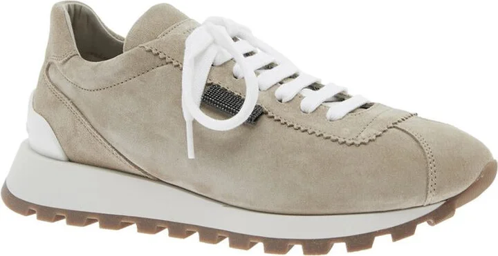 Beige Low Top Sneakers With Monil Detail On The Side And Embossed Logo Lettering On The Rear In Leather Woman - Image 2