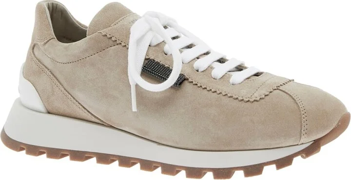 Beige Low Top Sneakers With Monil Detail On The Side And Embossed Logo Lettering On The Rear In Leather Woman - Image 2