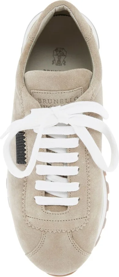 Beige Low Top Sneakers With Monil Detail On The Side And Embossed Logo Lettering On The Rear In Leather Woman - Image 4