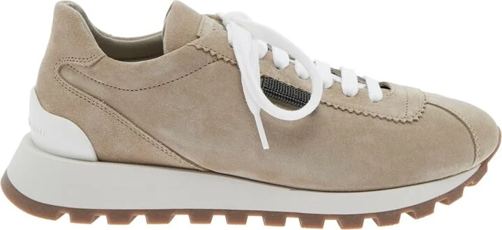 Beige Low Top Sneakers With Monil Detail On The Side And Embossed Logo Lettering On The Rear In Leather Woman