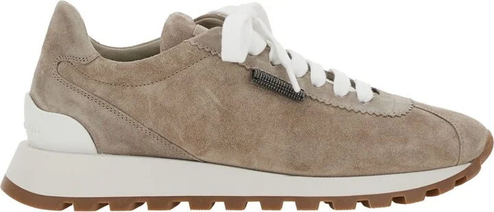 Beige Low Top Sneakers With Rubber Sole In Suede Woman