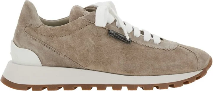 Beige Low Top Sneakers With Rubber Sole In Suede Woman
