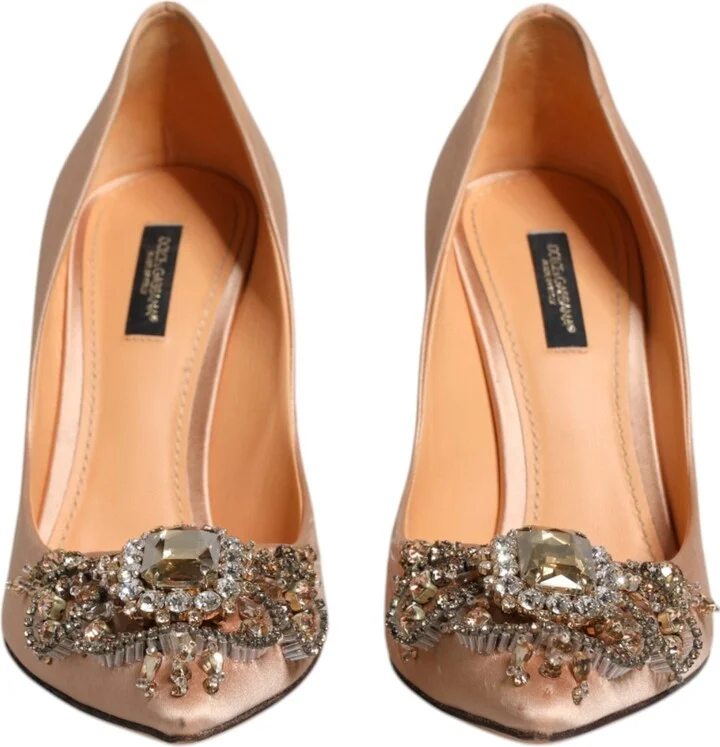 Beige Satin Crystal High Heels Pumps Women's Shoes (Pre-Owned) - Image 2