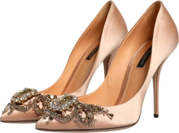 Beige Satin Crystal High Heels Pumps Women's Shoes (Pre-Owned) - Image 4