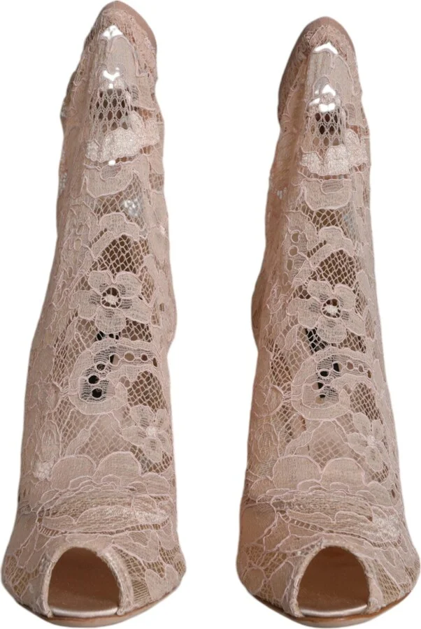 Beige Stretch Taormina Lace Boots Women's Shoes (Pre-Owned) - Image 2