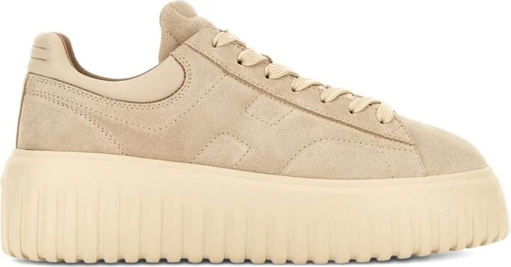 Beige Suede Sneakers With Lace-Up Front
